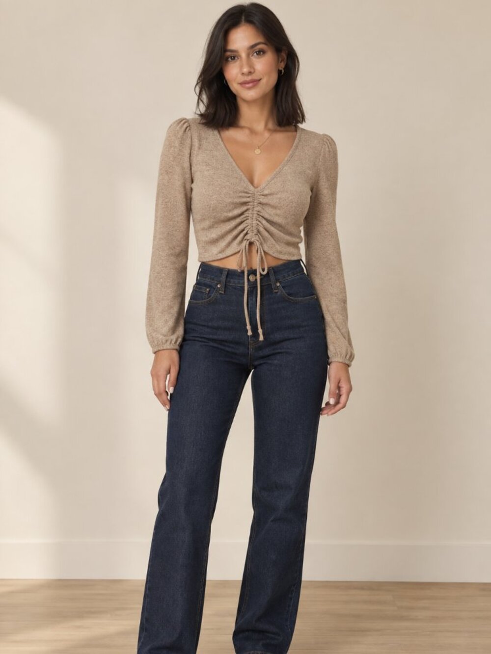 Livi by Olivia Rae Taupe Ruched V-Neck Cropped Top Size S